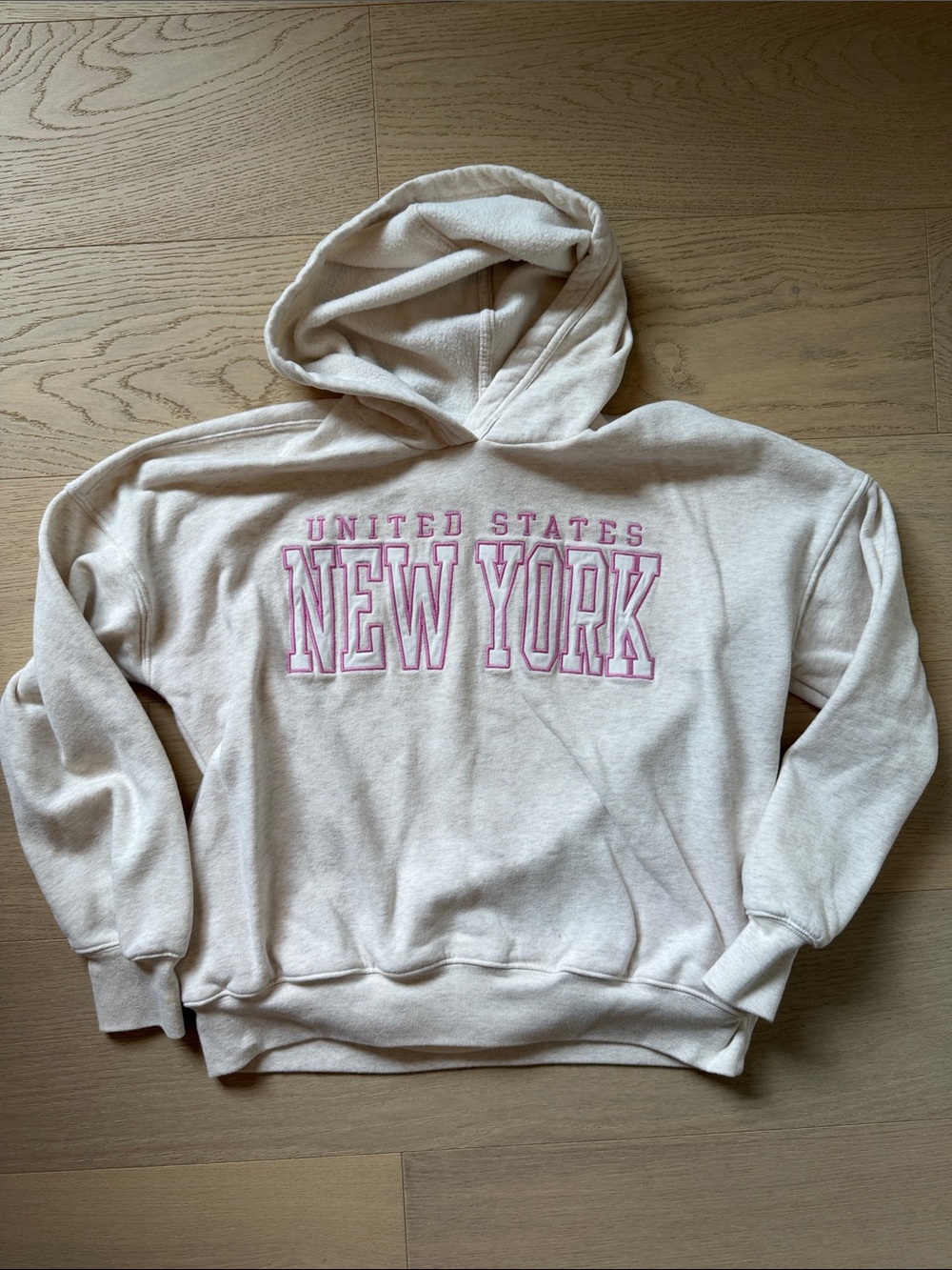 Girls Abercrombie New York Embroidered Hooded Sweatshirt - Cream with Pink